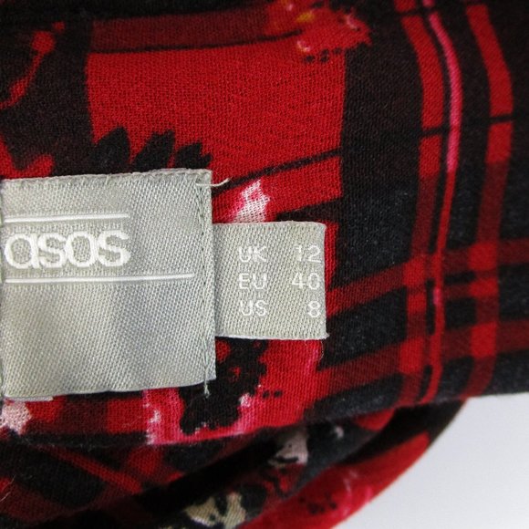 Asos Red Black Floral Plaid Long Sleeve Midi Dress 8 - Picture 11 of 13